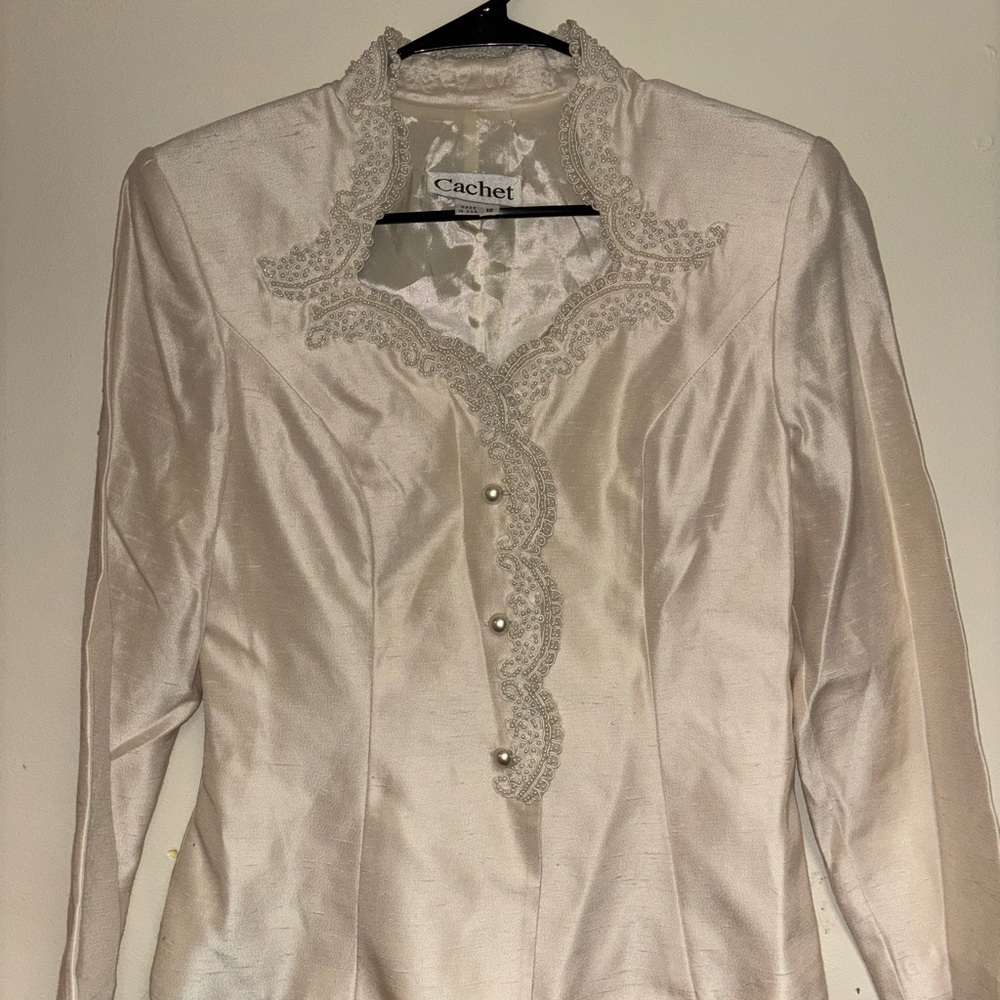 Cachet Cream Satin Blazer with Pearl Accents